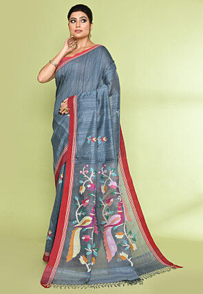 Handloom Pure Matka Silk Jamdani Saree in Grey