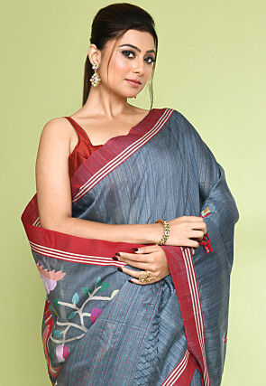 Handloom Pure Matka Silk Jamdani Saree in Grey