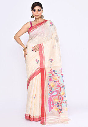 Handloom Pure Matka Silk Jamdani Saree in Off White