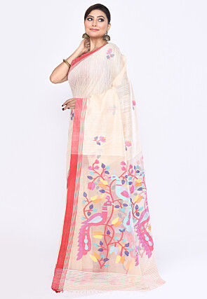 Handloom Pure Matka Silk Jamdani Saree in Off White