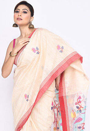 Handloom Pure Matka Silk Jamdani Saree in Off White