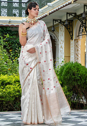 Handloom Pure Matka Silk Saree in White