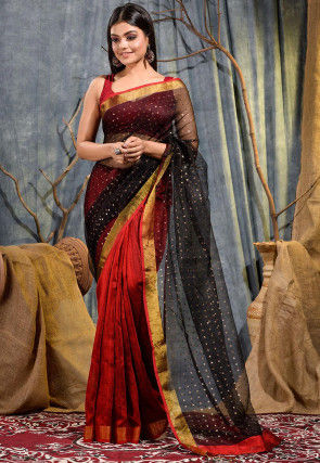 Handloom Pure Resham Silk Half N Half Saree in Black and Red