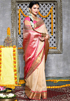 Handloom Pure Silk Cotton Gadwal Saree in Light Beige