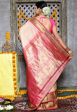 Handloom Pure Silk Cotton Gadwal Saree in Light Beige
