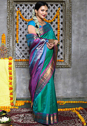 Handloom Pure Silk Cotton Gadwal Saree in Teal Green