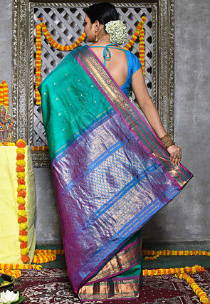 Handloom Pure Silk Cotton Gadwal Saree in Teal Green