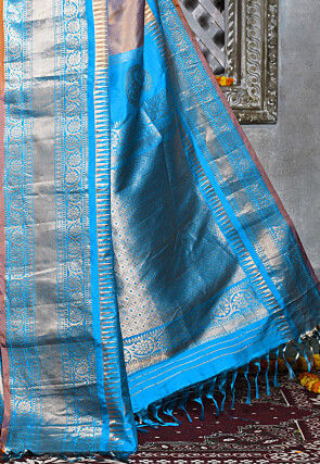 Handloom Pure Silk Gadwal Saree in Beige and Blue Dual Tone