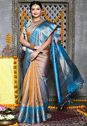 Handloom Pure Silk Gadwal Saree in Beige and Blue Dual Tone