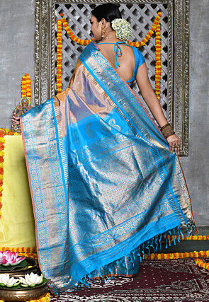 Handloom Pure Silk Gadwal Saree in Beige and Blue Dual Tone