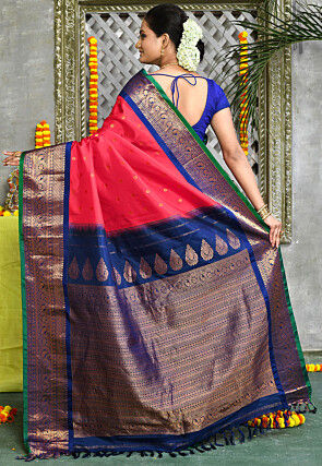 Handloom Pure Silk Gadwal Saree in Orange and Pink Dual Tone