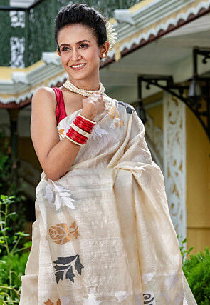 Handloom Pure Tussar Silk Saree in Off White