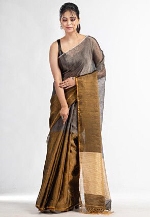 Handloom Tissue Saree in Grey and Old Gold