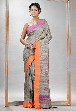 Handloom Tussar Silk Saree in Grey