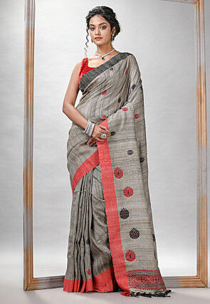 Handloom Tussar Silk Saree in Grey