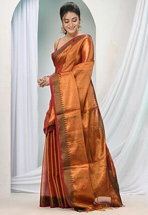 Handloom Zari Cotton Saree in Orange and Pink Dual Tone