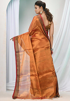 Handloom Zari Cotton Saree in Orange and Pink Dual Tone
