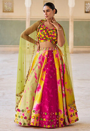 Hand Embroidered Dupion Silk Lehenga in Multicolor
