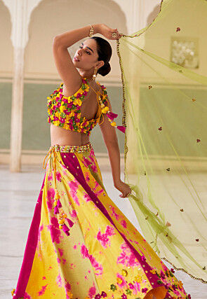 Hand Embroidered Dupion Silk Lehenga in Multicolor