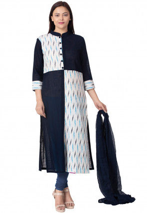 Ikat Woven Cotton Slub Straight Suit in Navy Blue and White