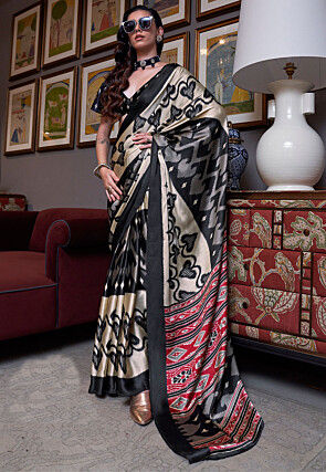 Ikat Prined Crepe Saree in Black and Cream