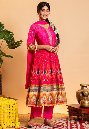 Ikat Printed Art Silk A Line Suit in Pink