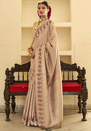 Ikat Printed Art Silk Saree in Beige