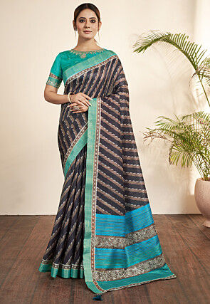 Ikat Printed Art Silk Saree in Black