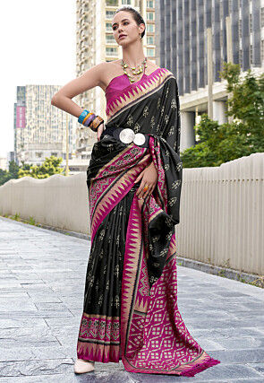 Ikat Printed Art Silk Saree in Black