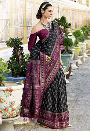 Ikat Printed Art Silk Saree in Black