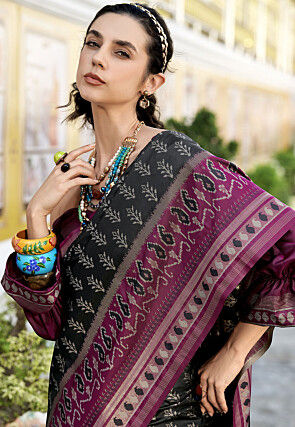 Ikat Printed Art Silk Saree in Black