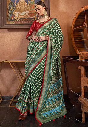 Ikat Printed Art Silk Saree in Dark Green