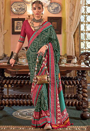 Ikat Printed Art Silk Saree in Dark Green