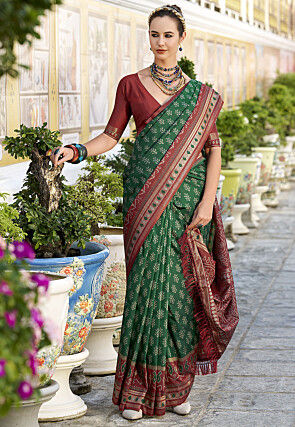 Ikat Printed Art Silk Saree in Dark Green