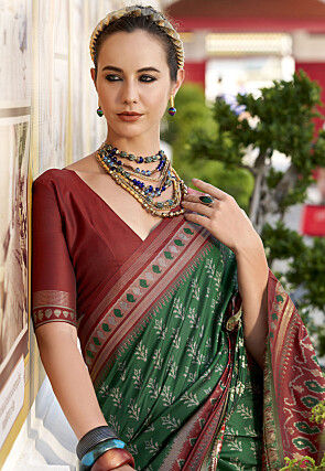Ikat Printed Art Silk Saree in Dark Green