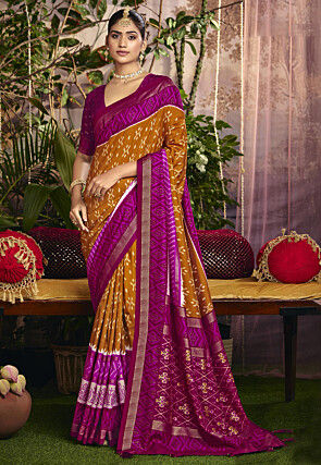 Ikat Printed Art Silk Saree in Dark Mustard