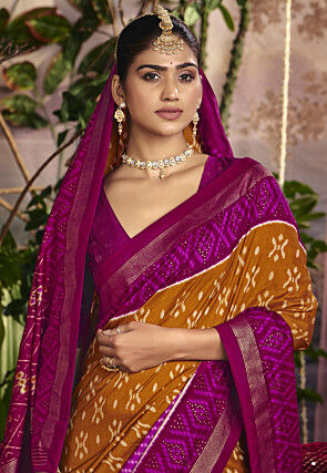 Ikat Printed Art Silk Saree in Dark Mustard