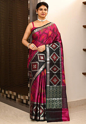 Ikat Printed Art Silk Saree in Fuchsia