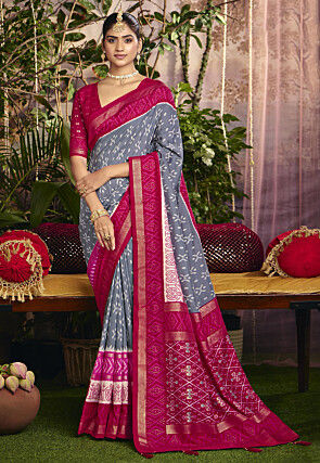 Ikat Printed Art Silk Saree in Grey