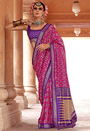 Ikat Printed Art Silk Saree in Magenta