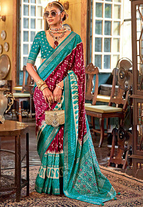 Ikat Printed Art Silk Saree in Maroon