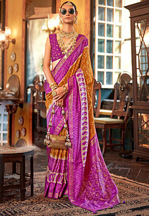 Ikat Printed Art Silk Saree in Mustard