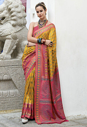 Ikat Printed Art Silk Saree in Mustard