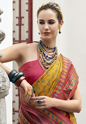 Ikat Printed Art Silk Saree in Mustard
