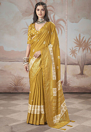 Ikat Printed Art Silk Saree in Mustard