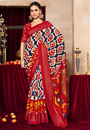 Ikat Printed Art Silk Saree in Off White and Blue