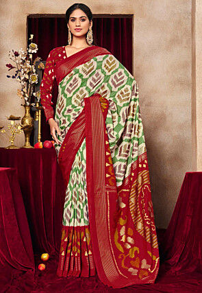 Ikat Printed Art Silk Saree in Off White and Green