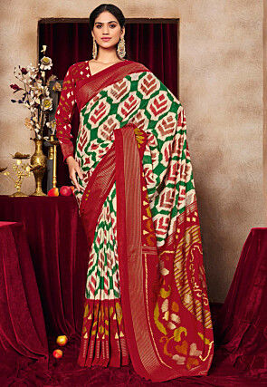 Ikat Printed Art Silk Saree in Off White and Green