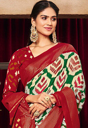 Ikat Printed Art Silk Saree in Off White and Green