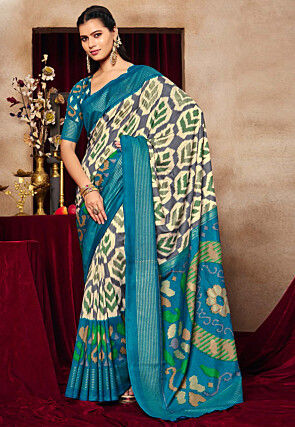 Ikat Printed Art Silk Saree in Off White and Grey